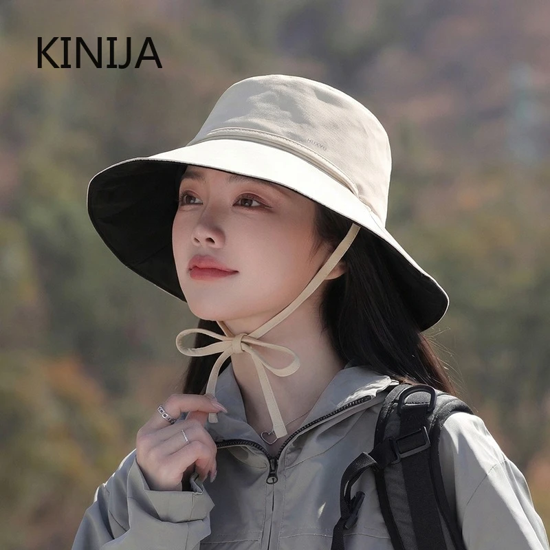 UV Protection Drawstring Fishmen Hat Japanese Waterproof Wide Brim Sun Hat Solid Color All-match Hiking Fishing Cap Unisex