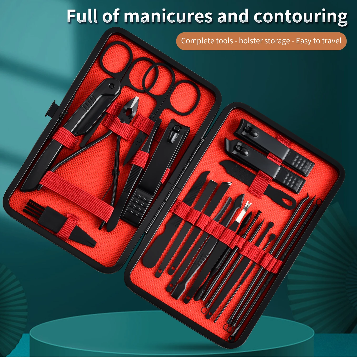 Black-Red 20pcs in 1 Professional Manicure & Pedicure Set - Travel-Ready Nail Care, Precision Clippers & Cutters, No Power Need