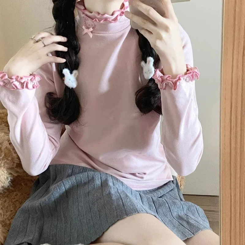 Soft Cute Cat Embroidery High Neck Long Sleeved T-shirt with Thick Bow and Lace Collar as the Base Women's Autumn and Winter Top