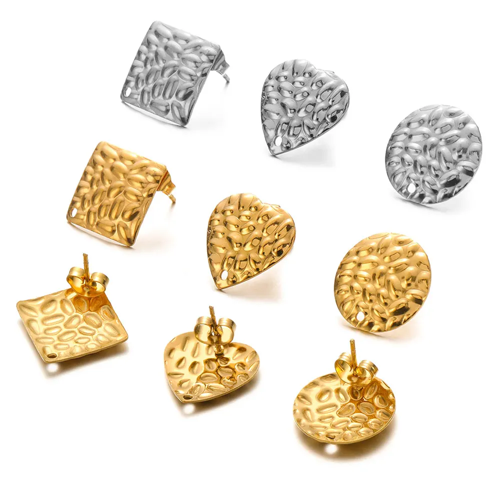 10Pcs Stainless Steel Embossing Gold Color Earrings Stud Earrings Posts with Hole for DIY Dangle Charm Drop Ear Jewelry Making