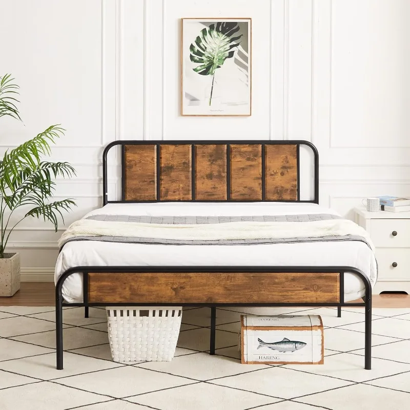 Bed Frame Metal Platform with Wood Headboard & Footboard, Heavy Duty Steel Slats Support/Easy Assemble image 3