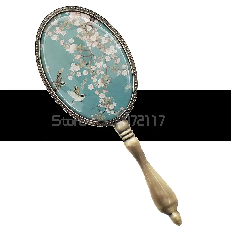 Retro Bronze Metal Handle Mirror Portable Handheld Cosmetic Mirror Charming Round Hand Mirror