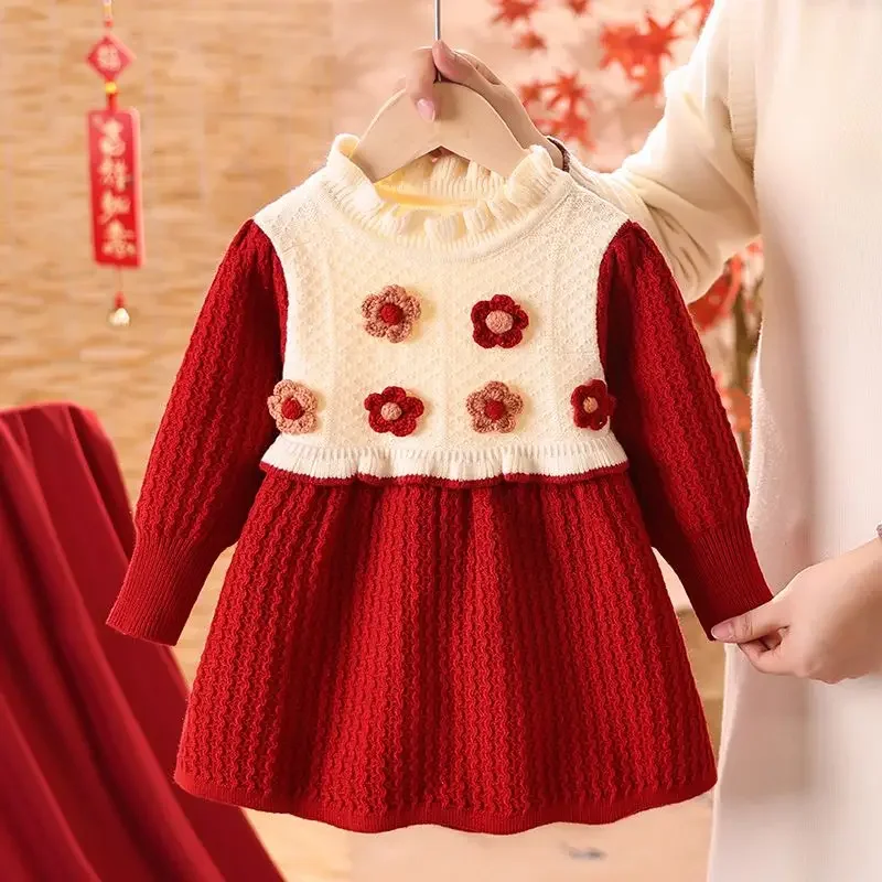 Red Knitted Dress Girls Autumn Winter Princess Dress Toddler Kids Sweater Dress
