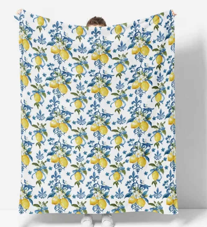 Horaldaily SpringSummer Flannel Blanket, Classic Iris Pattern Lemon Soft Fluffy Plush Comfortable Blanket