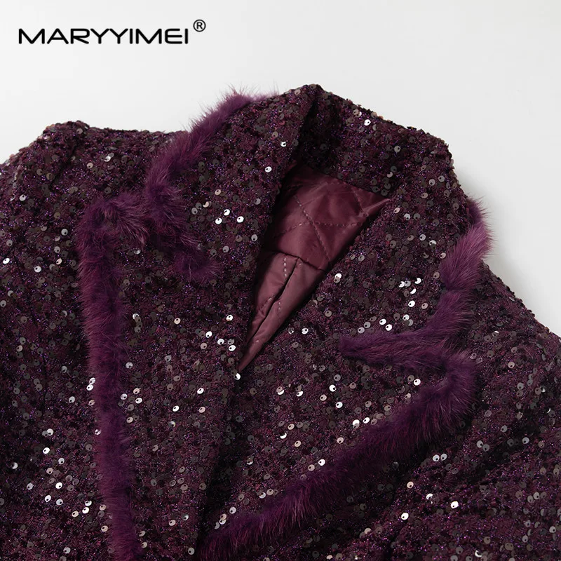 MARYYIMEI Autumn and winter Women\'s Elegant Coat Long-Sleeved Double-breasted Sequins design Streetwear Overcoat