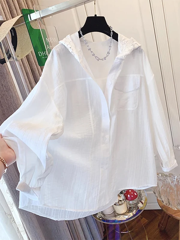 Weiße Spitze mit Kapuze IRT Damen Sommer lässig dünn lang Sve Sonnenschutz Loose Fit Top Vintage Pendeln Sle Button Detail