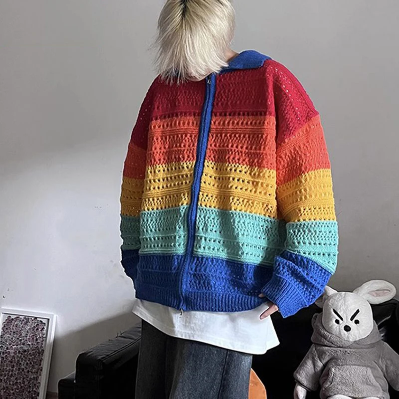 

Мужской вязаный кардиган в радужную полоску, большие размеры, 300 пу, винтажный стиль, уличный шик, осень-зима