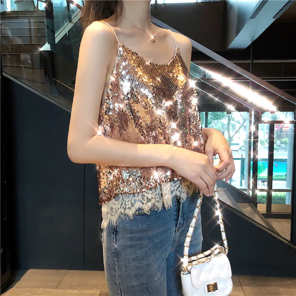 Sexy Glittering Knitted Tank Tops Women Camisole Vest Gold Thread Top Vest Sequined Stretchable Slim Tops