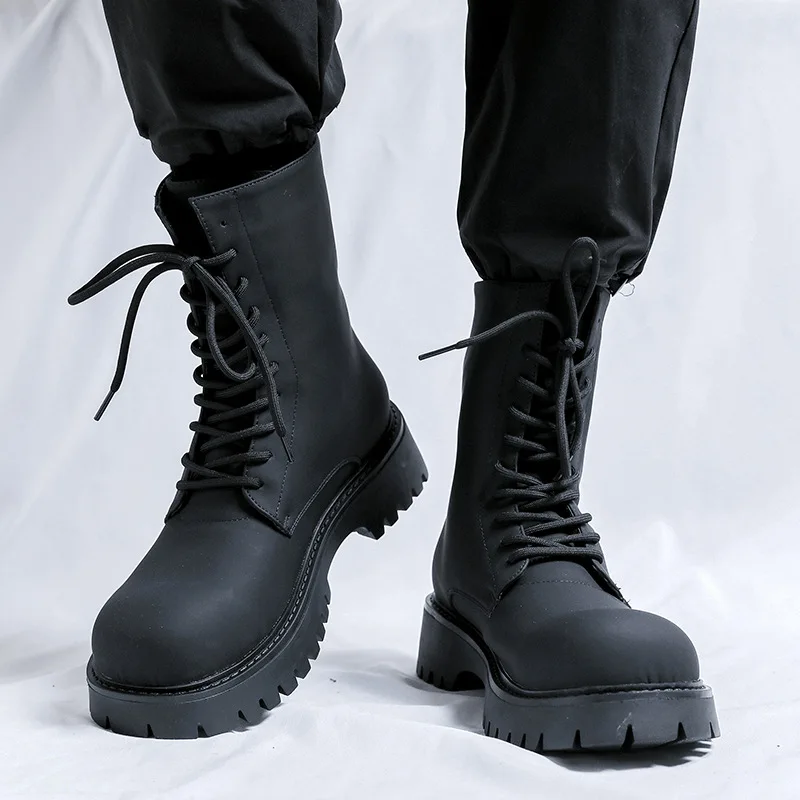 British style men's fashion punk stage high motorcycle boots lace-up original leather shoes cowboy platform boot cool long botas