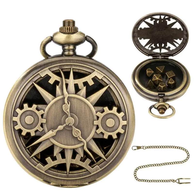 Table Game Hollow Gear Pocket Watch Bronze Cover with Antique Waist Hook Chain with 7PCS Metal Polyhedral Dice