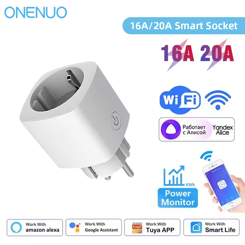 Tuya 16A/20A  WiFi EU Smart Plug Outlet 220V Power Monitor Wireless Socket Remote Timer Control For Google Home Alexa