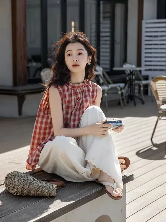 

Japanese Sle plus Size Summer New Loose round Ne Doll irt Women's Svel Plaid Top Breathable Cotton 00%