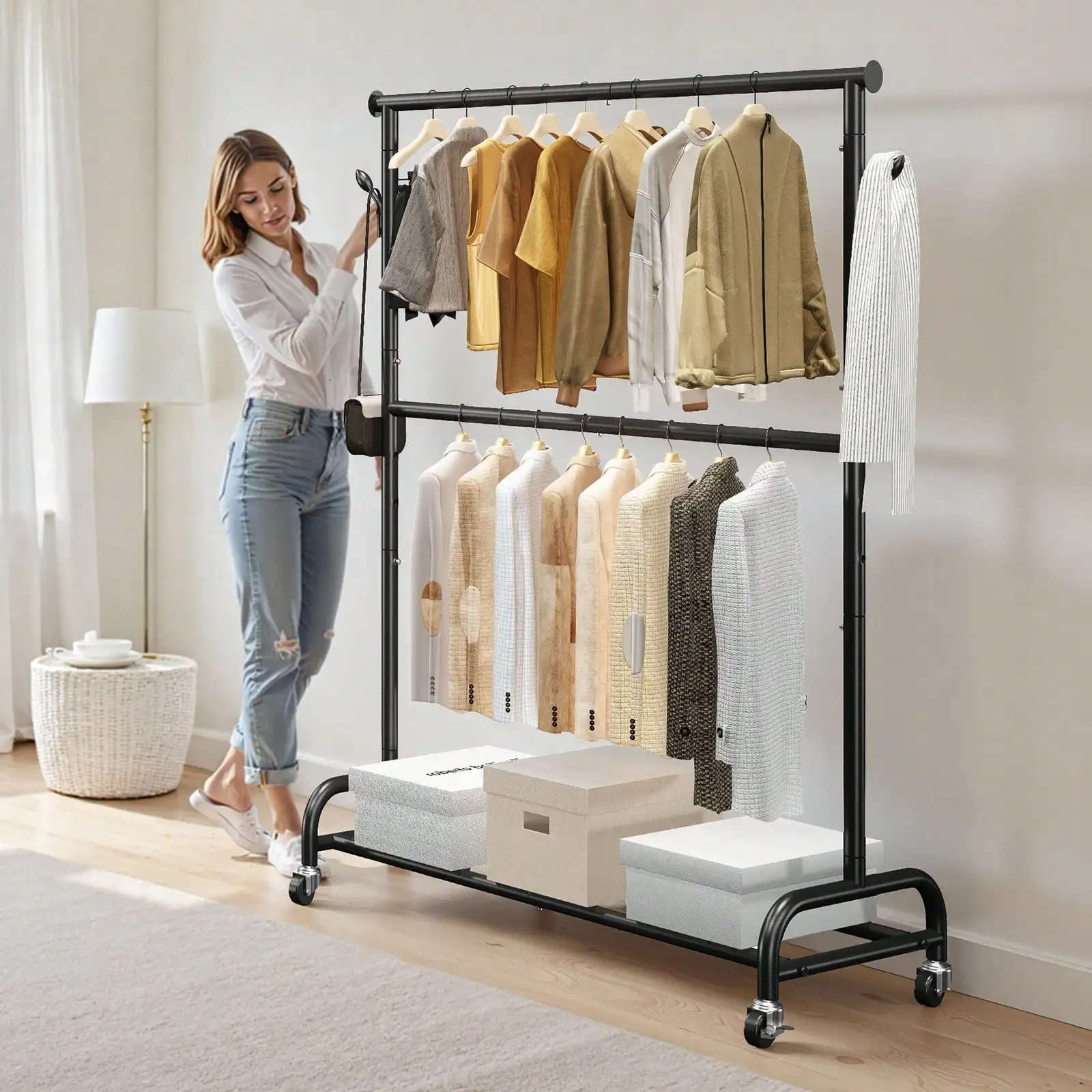 Rolling Clothing Garment Rack With Adjustable Crossbar And Side Hooks, 150 Lbs Load Capacity, Heavy-Duty Carbon Steel Clothes Ra