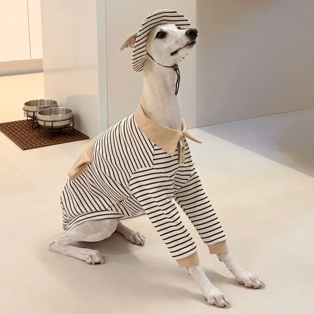 

Dog Clothes in Spring Khaki Strips Polo Shirt with Pocket for Italy Greyhound Soft Long Sleeves Cotton Coat Hat Suit for Whippet