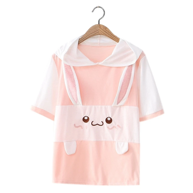 Japanese Fashion Girls T Shirts Summer Kawaii Clothes Pink Short Sleeve Cotton Tops 2022 Cute Rabbit Bunny Cartoon Tee Shirt