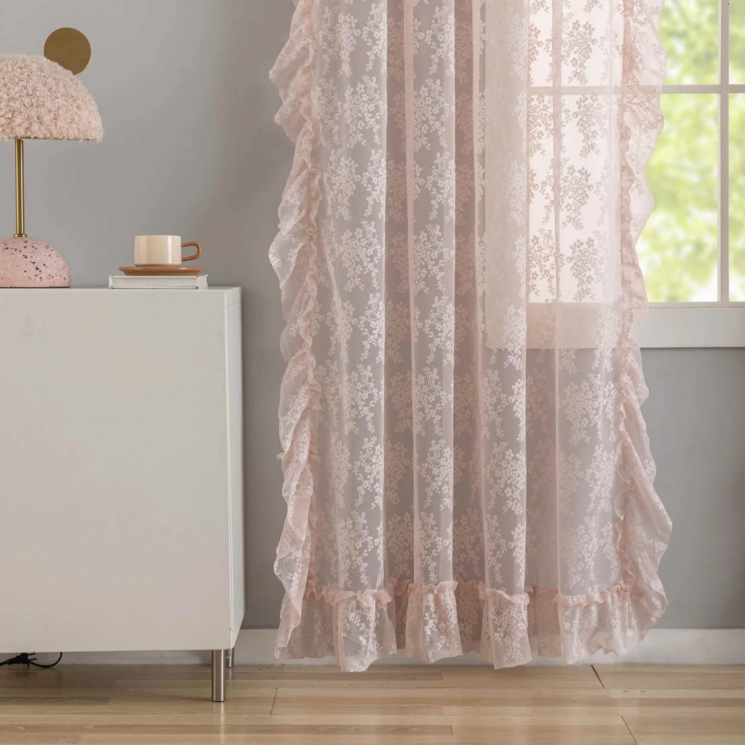 Pink Flower Lace Curtains with Ruffled Edges, Rod Pocket Romantic Elegan Tulle Sheer Curtains for Living Room, Bedroom Window