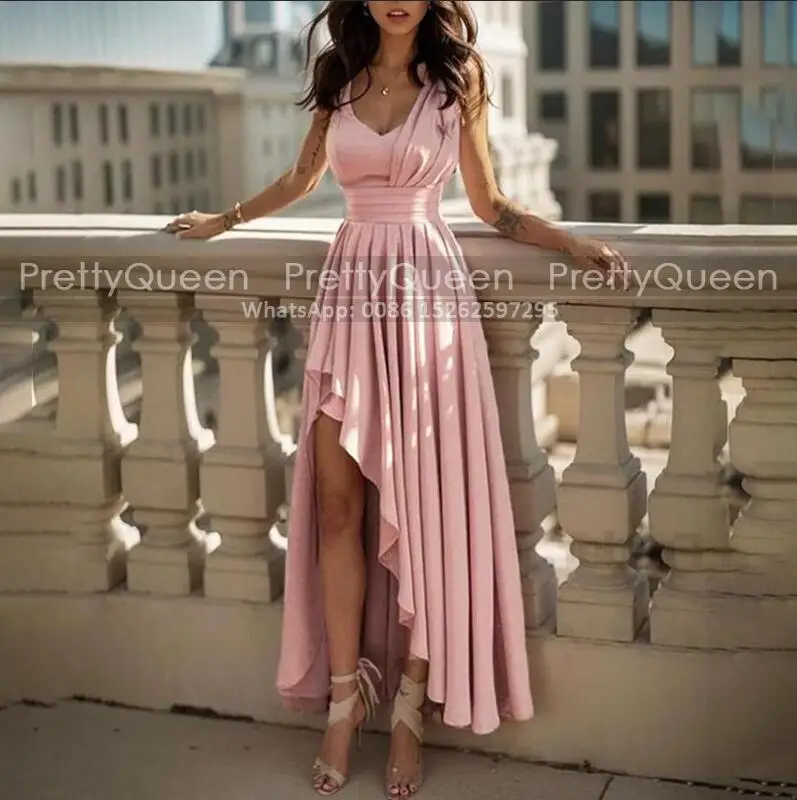 

Pleat A Line Bridesmaid Dresses High Low Deep V Neck Ankle Length Sleeveless Customized Long Wedding Party Dress