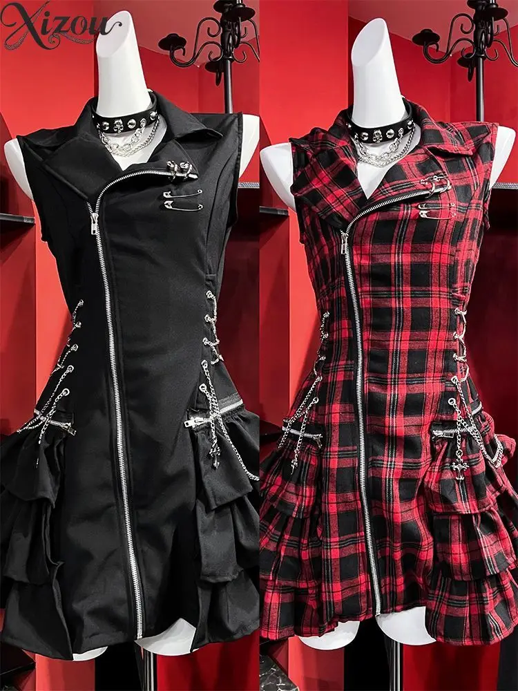 Women Punk Sleeveless Mini Dress Metal Chain Zipper Ruched Skirt Gothic Y2K Dark Grunge Outfit 2026 Summer Cool Spring Dresses