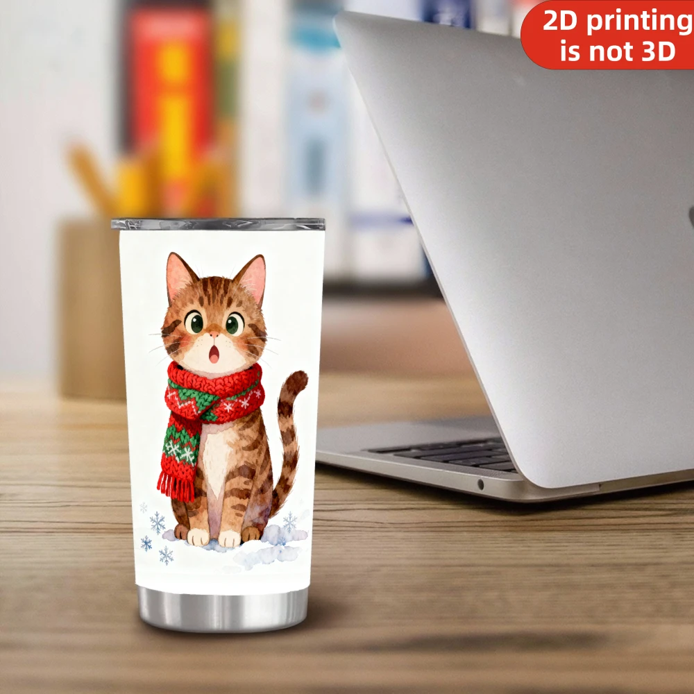 20oz Cute Surprised Tabby Cat Christmas Scarf Printed Stainless Steel Tumbler with Lid and Straw, Vacuum Insulated Travel Coffee Mug Holiday Gifts for Cat Lovers