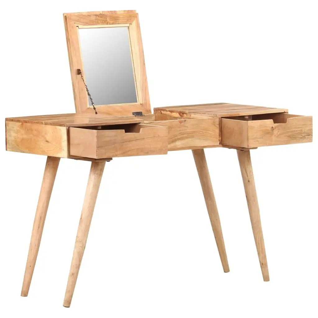 #Rustic Vanity Desk with Mirror & Drawers, Corner Makeup Table for Bedroom, Solid Acacia Wood