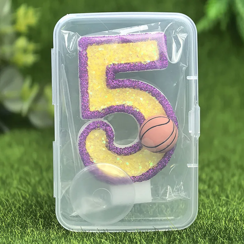Purple Yellow Glitter Basketball Number Candle Boys Birthday Party Cake Topper