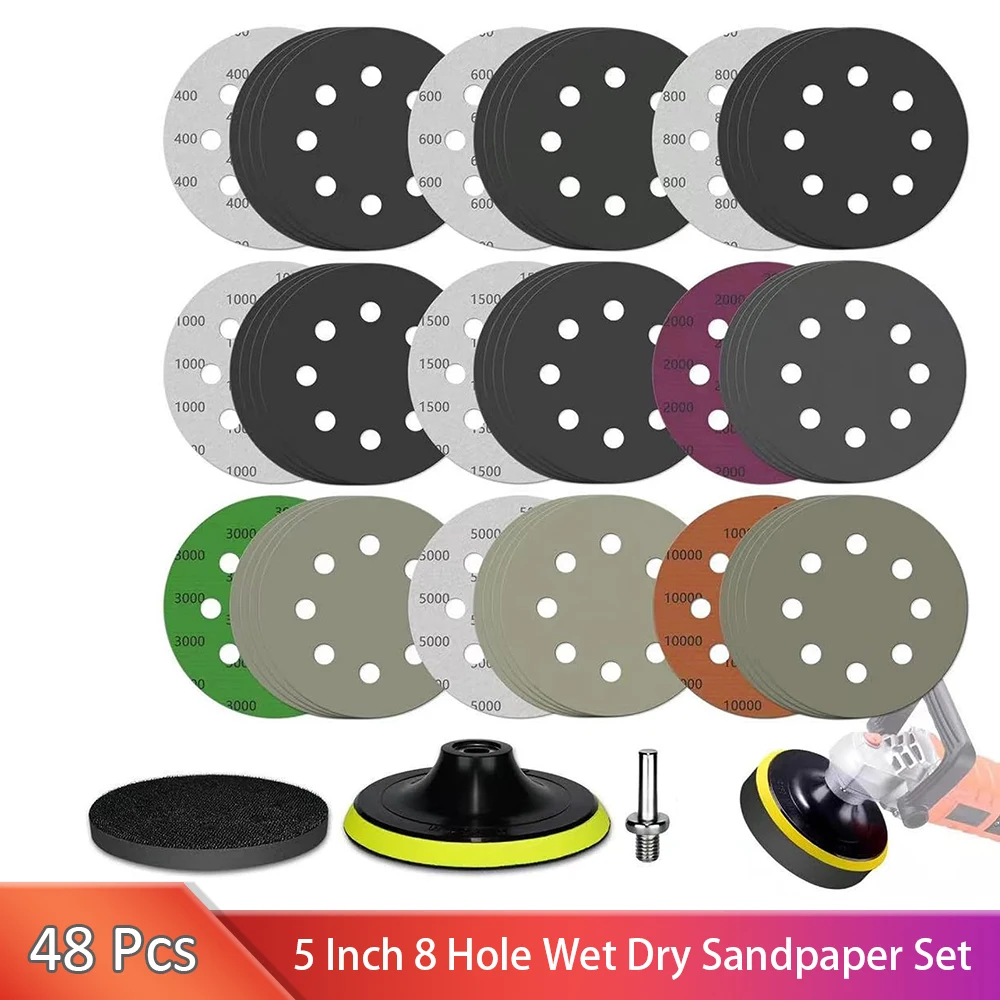 

45PCS 5 Inch 8 Hole Wet Dry Sanding Discs Kit Hook and Loop Sandpaper with Backing Pad M10 for Orbital Sander Car Wood Metal