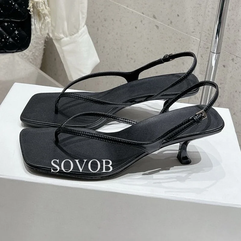 Summer Genuine Leather Kitten Heel Sandals  Women Square Toe Simple Back Strap Flipflops Sandalias Daily Banquet Dresses Shoes