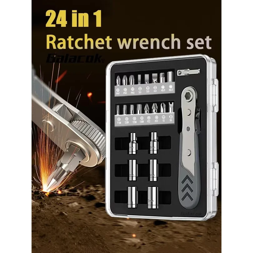 24 in 1 Right Angle Ratcheting Screwdriver Set 36-Tooth Mini Ratchet Socket Sleeve Wrench Set Car Repair Tool Hand Tools Key Set