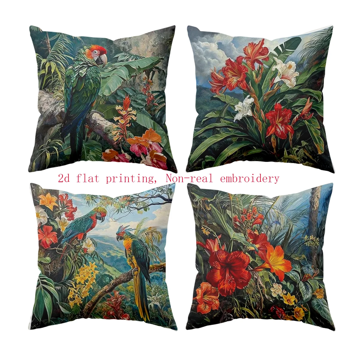 

Juego 4 fundas almohada estilo tropical para primavera, impresión plana 2D con flores vibrantes y aves tropicales, llenas