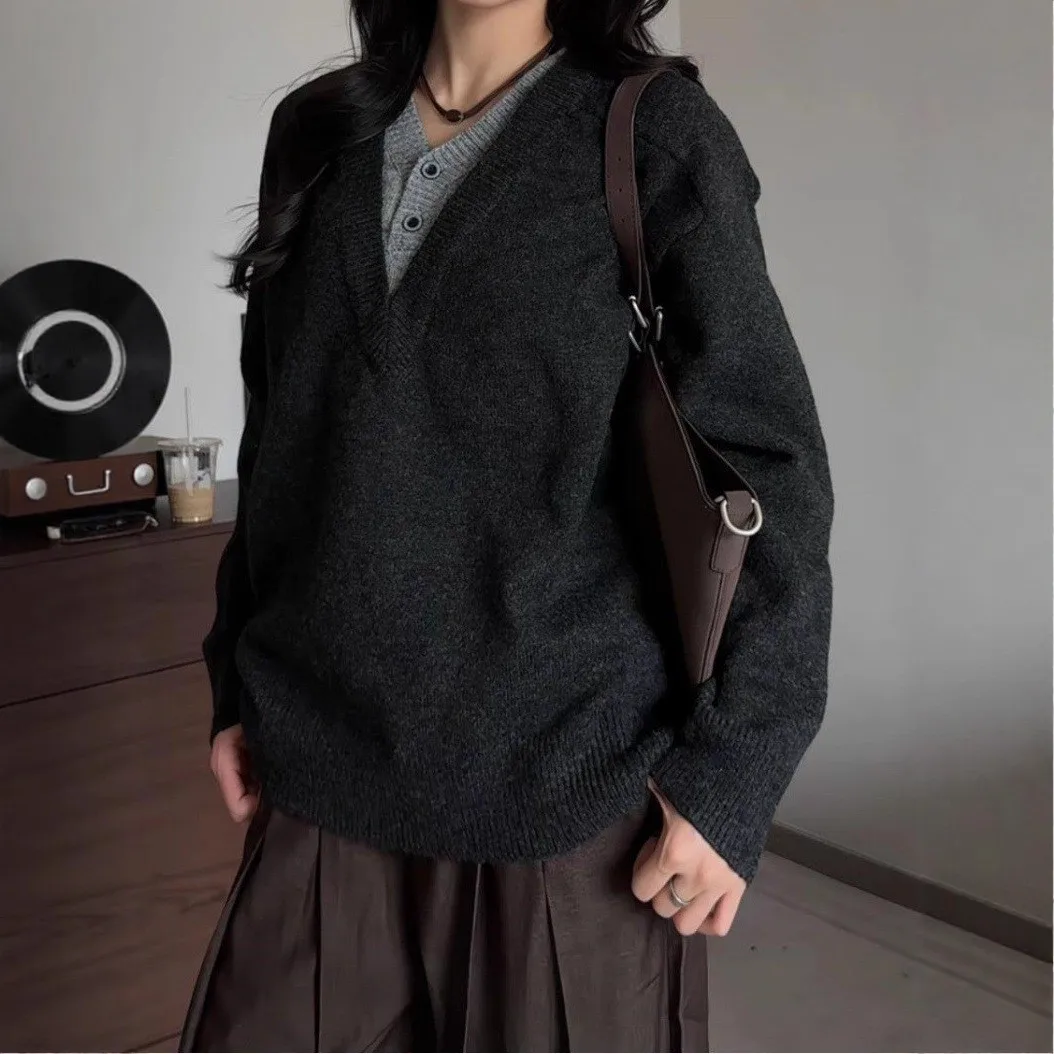 

Вязаный свитер в американском стиле ретро с V-образным вырезом Lazy Sle, мужской и женский свитер Old Money Feel, элитный свитер, пальто, крутой модный