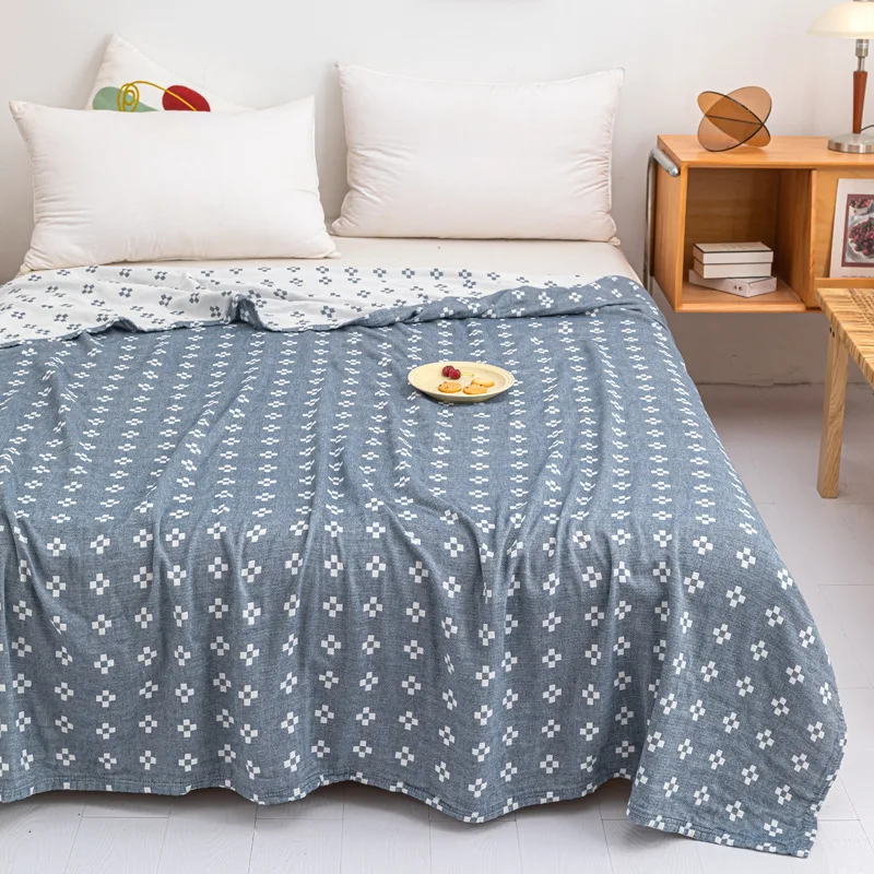 Boho 100% Cotton Blanket Muslin Twin Lightweight 3-Layer Geometric Cross Pattern Reversible Quilt Coverlet Throw Soft Breathable
