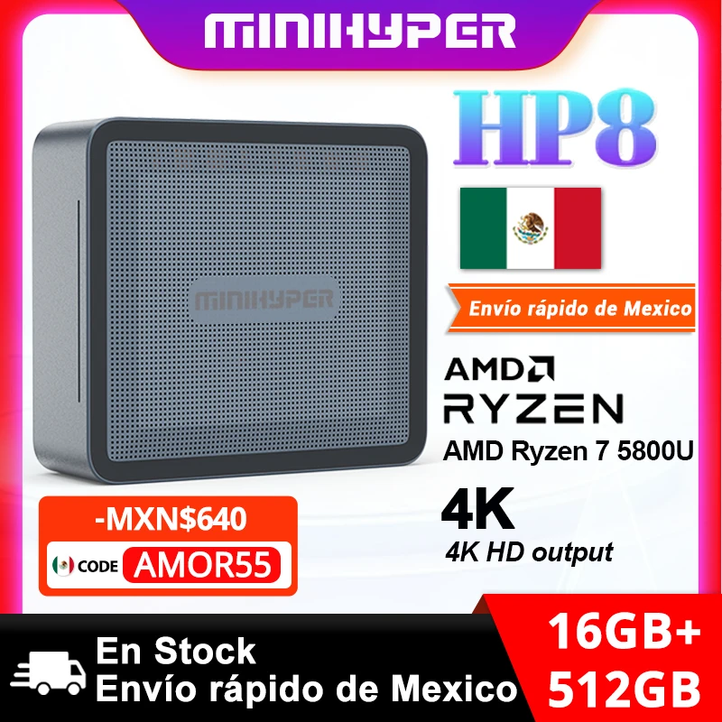 Minihyper Hp8 Mini Pc Amd Ryzen 7 5800u Cpu DDR4-3200M 16Gb Opslag Ssd Nvme 512Gb Dc Jack Usb Hdmi Audio Jack Type-C