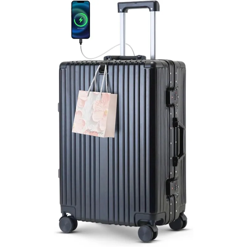 

22 inch carry on luggage Durable Suitcase with Cup Phone Holder USB Port Aluminium Frame Carry on Luggage with 8 Double