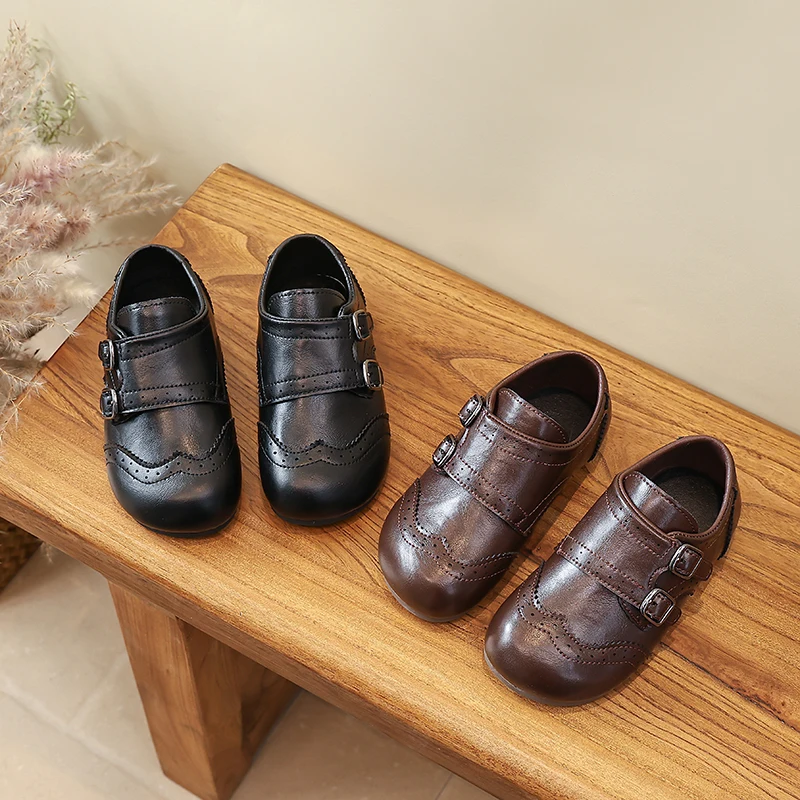 Preppy Style Leather Shoes for Girls 2026 New Autumn Toddler Dress Shoes with Double Buckle Simple Retro Kids Mary Jane Flats