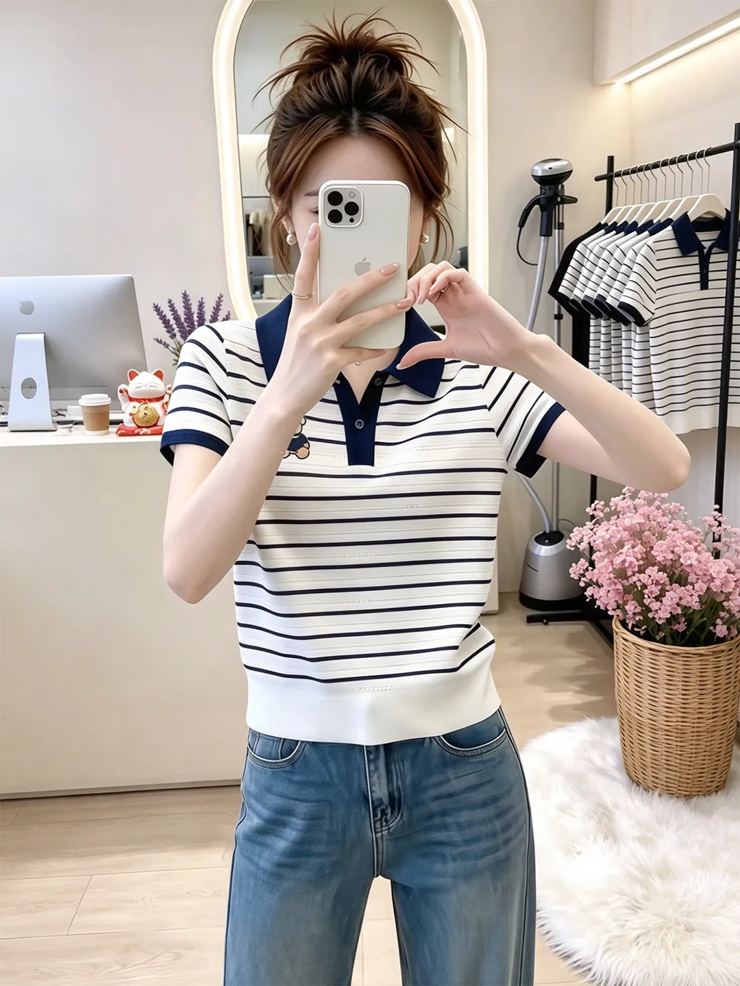 Navy Striped Bear  Neck T-Shirt Women's Summer Short Sleeve Bright Artistic Casual Wear for Various Occasions
