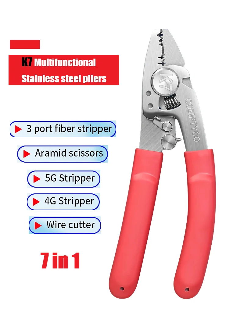 COMPTYCO K7 Multifunctional Stainless Steel Fiber Stripper FTTH Wire Stripper Tool 7 in 1 Optical Fiber Cable Stripping Pliers