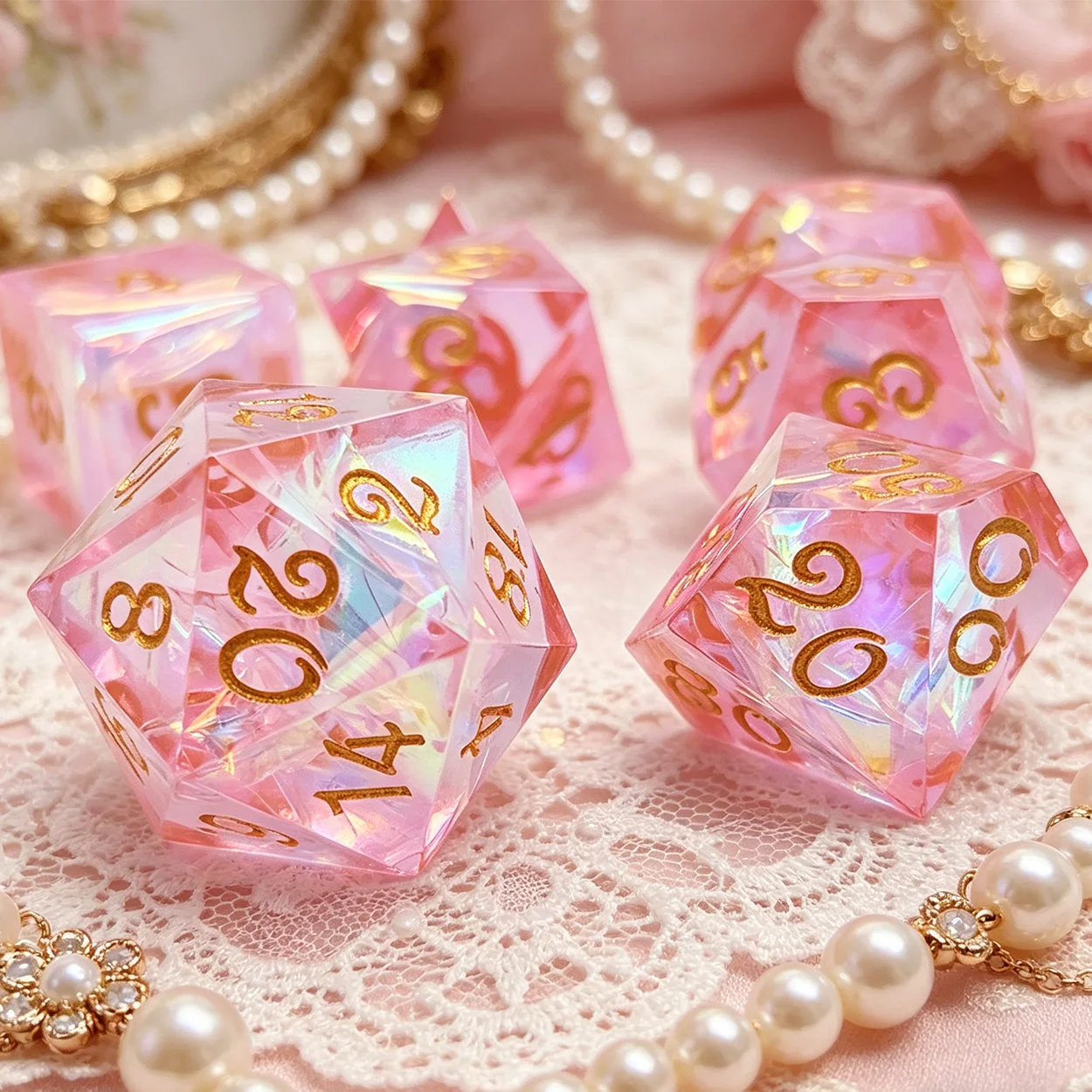7pcs Pink Resin Dice with Golden Numbers, Featuring Sharp Edges, Perfect for Rpgs, DND, Pathfinder, And Board Games