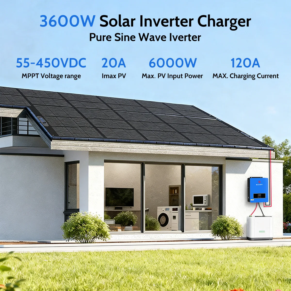 Sumry 3600W 24V Hybrid Solar Inverter 120V 120A MPPT Pure Sine Wave Solar Charger Dual Output Power Saving Mode