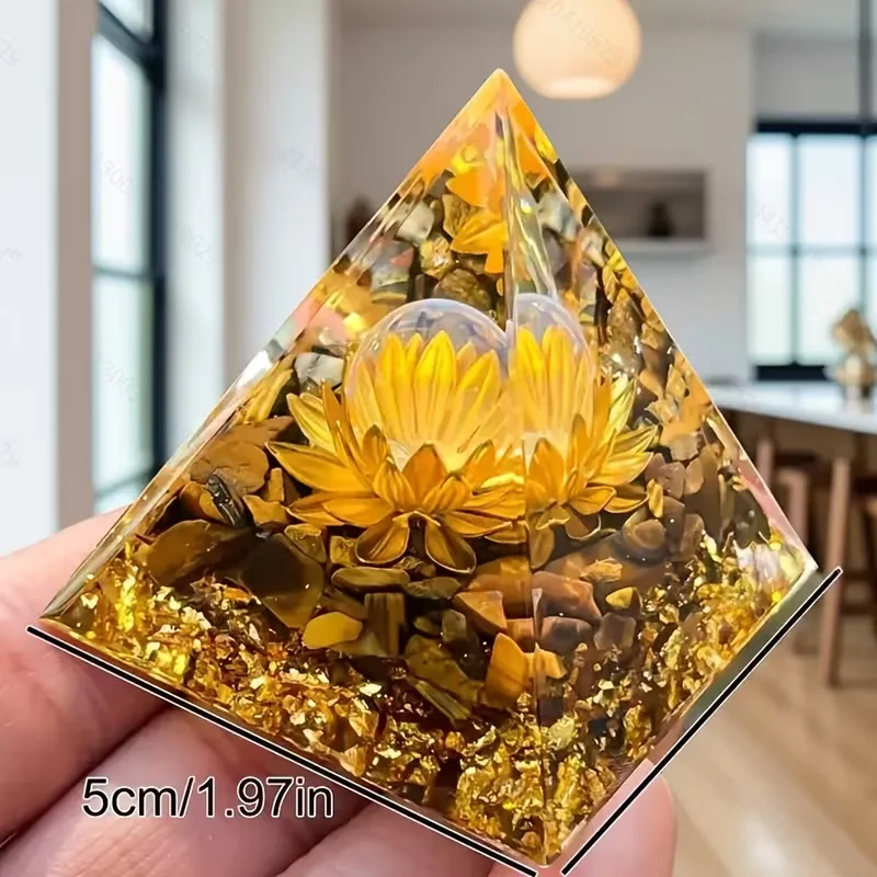 1 Tiger Eye Stone and White Crystal Orgone Pyramid - Elegant Golden Decoration,  Holiday Gift