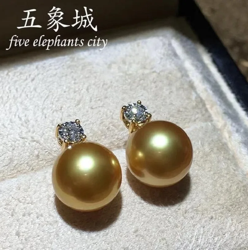 

AAAA 10-11mm Natural South China Sea Gold Round Pearl Diamond Earrings 18K Gold