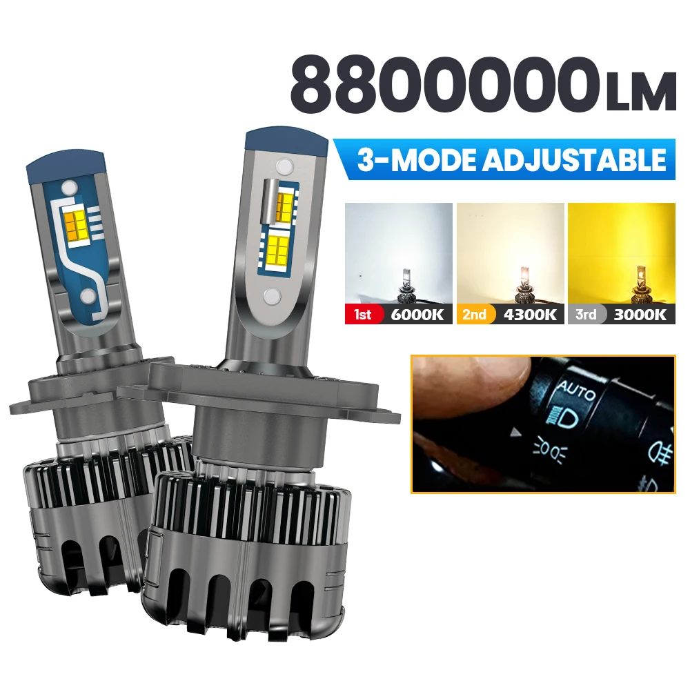 4800W H4 H7 Tri-Color LED Headlights H1 H11 9005 9006 LED Control Color 3000K 4300K 6000K Dual Projector Lens Car LED Front Lamp