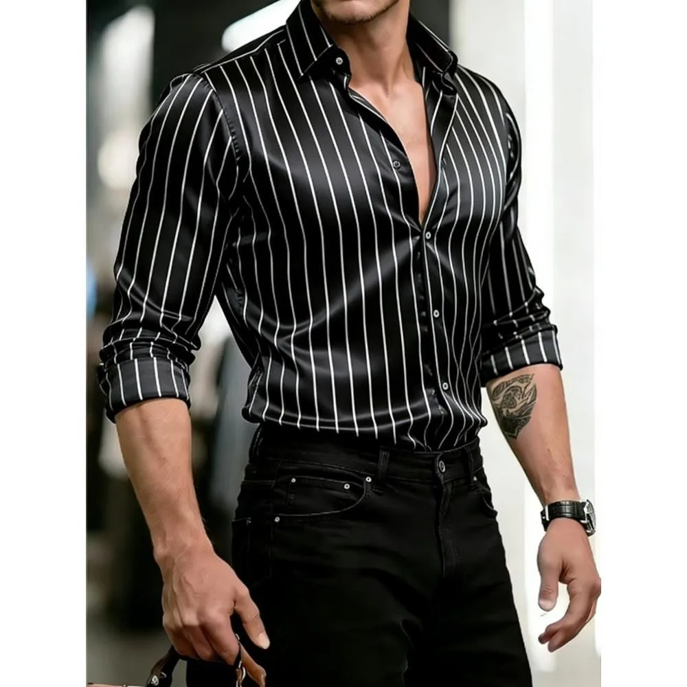 Men's Satin Long Sleeved Shirt 3D Artistic Geometric Print Fashionable Business Casual Street Collar Party Wear