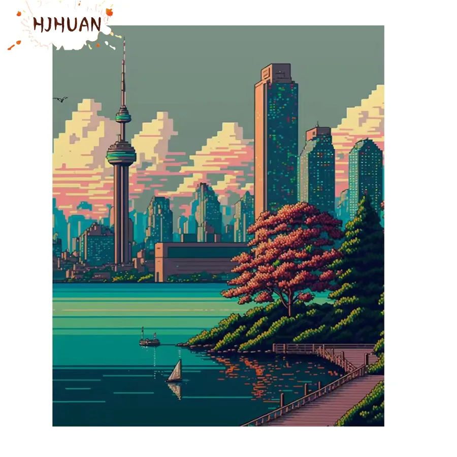 Diamant-Gemälde, städtische Architekturlandschaft, DIY, Kreuzstich, voll rund/quadratisch, Diamant-Kunst, Kristall, Mosaik, Stickerei, Gemälde