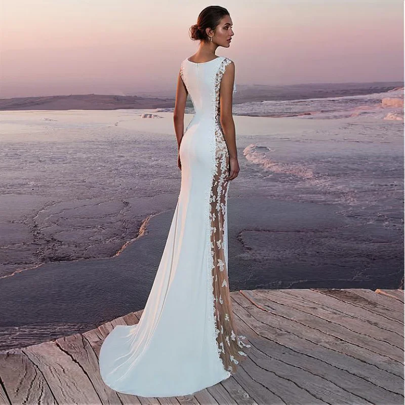 Elegant temperament evening dress with lace patchwork and extra long dress, sexy hollow out for women