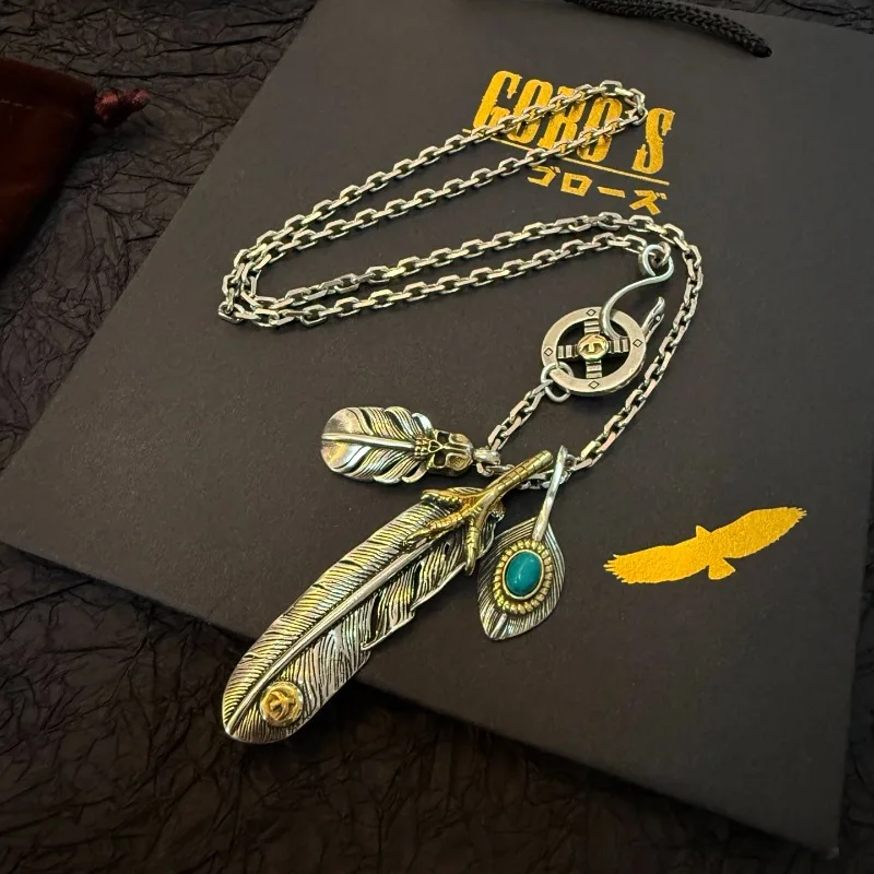 

Japan Tide Takahashi Goros Classic Vintage Turquoise Eagle Claw Feather Skull Pendant Necklace Couple Versatile Rock Punk Style