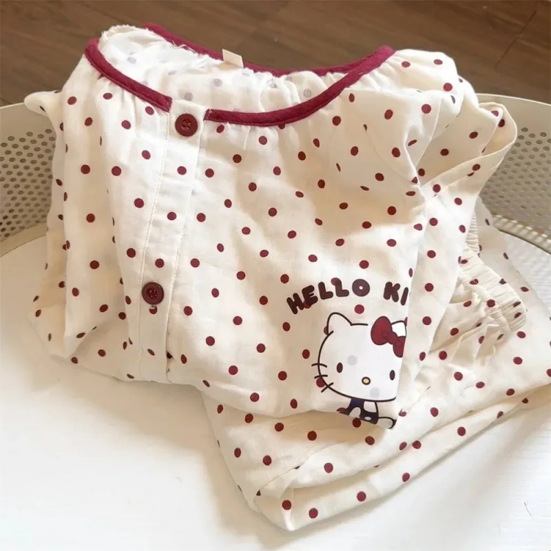 

Пижамный комплект Sanrio Hello Kitty, комплект для девочек в стиле аниме, сохраняющий тепло, с круглым вырезом, в горошек, с длинными рукавами и брюками, удобная домашняя одежда