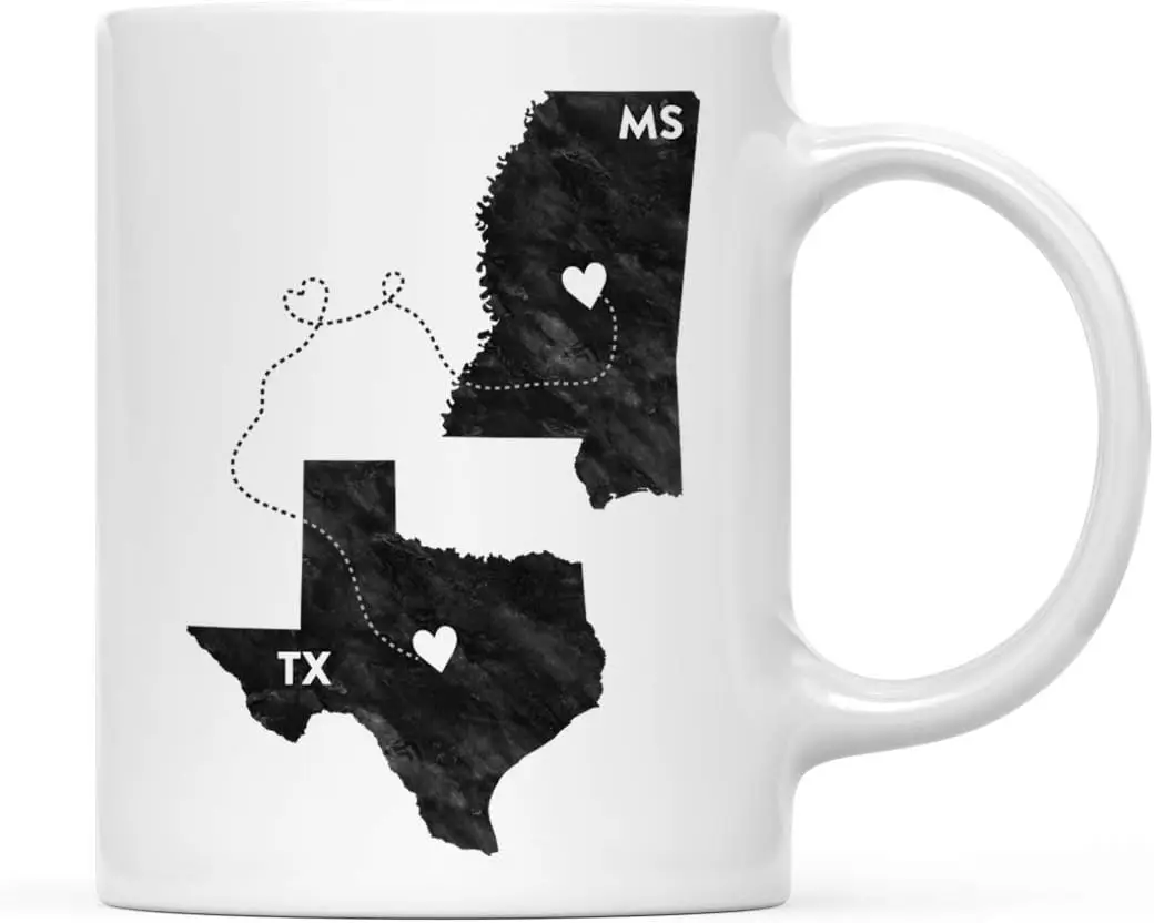 Andaz Press 11oz. Coffee Mug Long Distance Gift, Texas and Mississippi, Black and White Modern, 1-Pack, Moving Away Graduation U