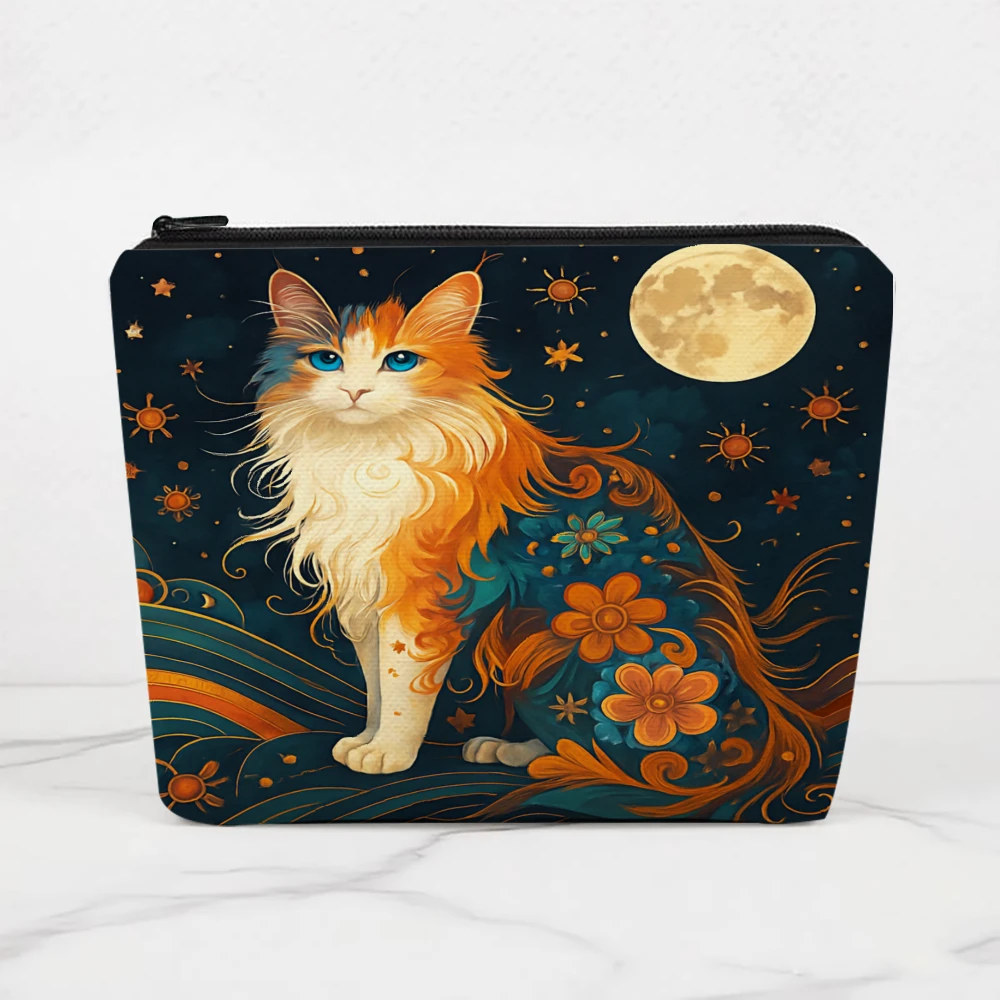 Cat Moon Stars Flowers Night Makeup Bags for Girls Cosmetic Pouch Toiletry Bag Pencil Case Travel Storage