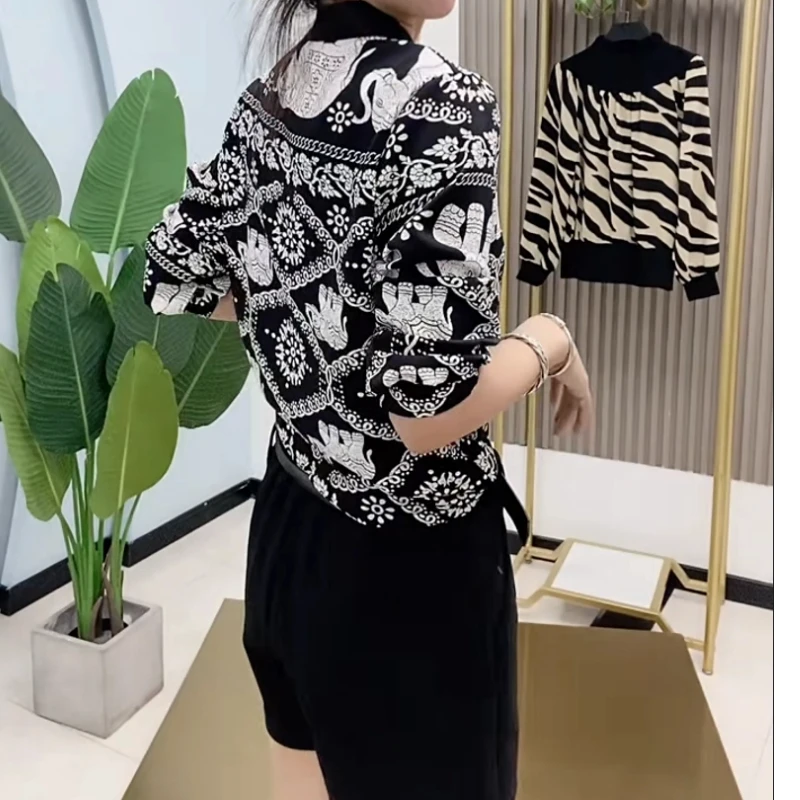 Print Contrast Patchwork Plus Size Vintage Blouse Spring Autumn Long Sleeve Casual Loose Shirts Fashion Elegant Women Clothing