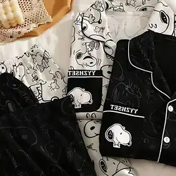 Anime Snoopy Long Sleeved Pajamas Set Milk Silk Black White Style Comfort Soft Fashion Cartoon ins Daily Home Wear For Girls